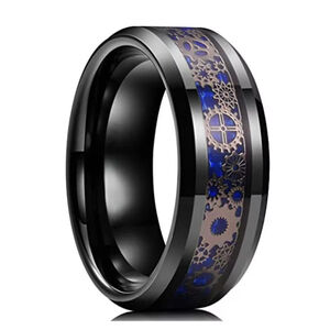 Men’s Bold Gear Ring – Black with Blue Inlay, Stainless Steel NIB